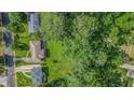 An aerial view shows a lush green lot with a home and large trees at 2178 Shamrock Dr, Decatur, GA 30032
