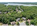 Expansive aerial view of homes nestled amongst lush green trees near a scenic lake at 117 Willow View Ln, Canton, GA 30114