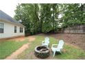 Inviting backyard featuring a stone fire pit and two Adirondack chairs, perfect for relaxing outdoors at 262 Devynwood Ln, Dallas, GA 30157