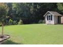 A spacious backyard featuring a well-maintained lawn and a storage shed for outdoor equipment at 4687 Riley Run Ct, Sugar Hill, GA 30518