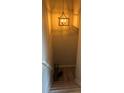 A well-lit staircase with carpeted steps leads to the lower level, illuminated by a modern pendant light at 1130 Weatherstone Ne Dr, Atlanta, GA 30324