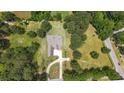 Aerial view of a sprawling property featuring a well-maintained lawn, mature trees, and a private driveway leading to the home at 100 Marshas Vineyard, Hampton, GA 30228