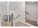 Bright entryway with hardwood floors, staircase, and stylish accents, showcasing a welcoming ambiance at 1094 Township Sq, Alpharetta, GA 30022