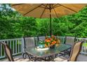 Outdoor deck with patio furniture and umbrella, surrounded by lush greenery, perfect for relaxation at 350 Birch Rill Dr, Alpharetta, GA 30022