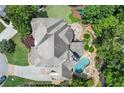 Aerial shot of a house, revealing a stunning backyard with a pool, spa, firepit area, and beautiful landscaping at 4105 Cougar Ne Pt, Marietta, GA 30066