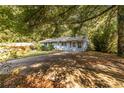 Charming single story house with light blue painted brick, mature trees and a concrete driveway at 2849 Crescendo Dr, Atlanta, GA 30318