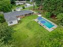 Spacious backyard features a sparkling pool, green lawn, and mature trees, perfect for outdoor enjoyment at 3190 Crestview Circle Nw Cir, Duluth, GA 30096