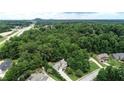 An aerial view shows a home nestled amongst lush trees in a suburban neighborhood at 107 Sedgefield Overlook, Dallas, GA 30157