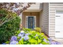 Charming front entrance with a blue door, brick accents, and lush hydrangea bushes at 4135 Arch Pass, Cumming, GA 30040