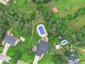 Aerial view of a property showcasing a large in-ground pool, landscaped backyard, and surrounding mature trees at 232 Christian Cir, Carrollton, GA 30116