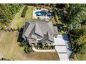 Aerial view of a private estate with a lush green lawn and luxurious outdoor swimming pool at 3111 Old Thompson Mill Rd, Buford, GA 30519