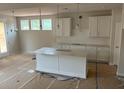 Modern kitchen with an island, white cabinets, and pendant lighting above island at 344 Riverwood Pass, Dallas, GA 30157