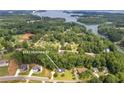 Expansive aerial view showcasing the property's location near the lake and nestled among mature trees at 6142 Hutchins Dr, Buford, GA 30518