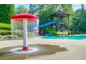 A splash pad and water slide sit next to a sparkling pool in a lush, wooded community at 202 Willow St, Canton, GA 30114