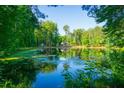 Framed view of a tranquil pond surrounded by dense trees and a glimpse of the lakeside home at 1382 Varner Rd, Marietta, GA 30062