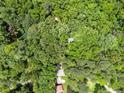 Aerial view of wooded property and a glimpse of the roof of a log cabin at 1975 Mack Rd, Douglasville, GA 30135