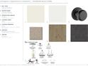 Image showcases interior design elements with color swatches for wall paint, flooring, fireplace and lighting fixtures at 1189 Ridgeview Rd, Woodstock, GA 30188