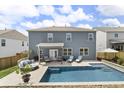 Relaxing backyard featuring a private pool with lounge seating and a covered patio area at 244 Citrine Way, Acworth, GA 30101