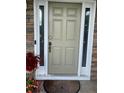 A beautifully crafted front door is flanked by sidelights, with flowers adding a pop of color at 4237 Webb Meadows Dr, Loganville, GA 30052