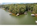 Aerial view of lakefront property with multiple boat docks and lush trees at 307 Little Hickory Ln, Woodstock, GA 30189