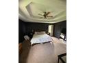 Dark main bedroom with carpet, ceiling fan, and tray ceiling for added dimension at 1400 Land Rd, Canton, GA 30114