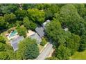 Aerial view of a home with a pool, solar panels, and surrounded by lush greenery at 1300 North Ne Ave, Atlanta, GA 30307
