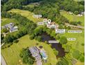 Aerial view of the estate with a main house, guest house, pool, pond, garden, and vineyard at 4935 Stablegate Ct, Cumming, GA 30028