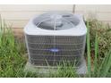 Close-up of the Carrier-branded HVAC unit with surrounding greenery at 414 Norton Xing, Woodstock, GA 30188
