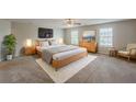 Spacious main bedroom featuring a king bed, soft gray carpet, and windows providing natural light for a serene retreat at 440 Pinevale Ct, Atlanta, GA 30349