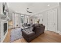 Bright living room with a fireplace, gray sectional sofa, and large windows at 717 Lenox Ln, Atlanta, GA 30324