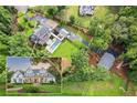 Aerial view showcases the home's backyard, swimming pool, and additional structure at 150 Trinity Farm Dr, Canton, GA 30115