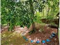 Private backyard with mature trees and a stepping stone path, ideal for outdoor enjoyment at 921 Hemingway Rd, Stone Mountain, GA 30088