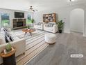 Bright living room with a fireplace, modern furniture, and lots of natural light at 622 Madison Park Dr, Grayson, GA 30017