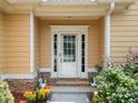 Close-up of a front door with glass panels, surrounded by vibrant landscaping and stone accents at 9996 Village South Dr, Douglasville, GA 30135
