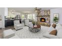 Staged living room showcasing a stone fireplace, modern furniture, and an open kitchen design at 216 Hickory Way, Canton, GA 30115