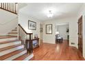 Inviting entryway featuring hardwood floors, staircase, and stylish decor at 300 Stone Mill Trl, Atlanta, GA 30328