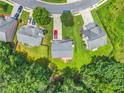 Aerial view of a home with a large, grassy backyard surrounded by trees, and neighborhood street at 5807 Mitchell Chase Trl, Mableton, GA 30126