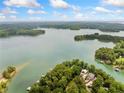 Scenic aerial view of a sprawling lake with lush green islands and waterfront homes under a partly cloudy sky at 6900 Driskell Cir, Cumming, GA 30041