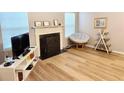 Cozy living room featuring a fireplace, wood-look floors, and a stylish papasan chair at 102 Ashbury Dr, Villa Rica, GA 30180