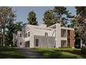 Modern two-story home boasts a sleek design, stone accents, and expansive windows, set on a lush green lawn at 680 Carriage Dr, Atlanta, GA 30328