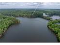 Aerial view showcases the home's waterfront location with lush surrounding trees and lake access at 504 Telfair Park, Peachtree City, GA 30269