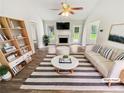 Bright living room boasts a fireplace, modern decor, and wood-look flooring for a cozy atmosphere at 1102 Ola Dale Ct, Mcdonough, GA 30252
