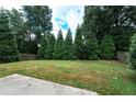 Large backyard with green grass, mature trees and a partial view of the patio at 1336 Nathan Mauldin Dr, Lawrenceville, GA 30043