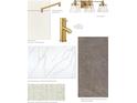 Elegant bathroom materials include quartz countertops, brushed gold fixtures, and pennyround mosaic shower flooring at 5315 Keepsake Court, Cumming, GA 30040
