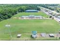 Aerial view of recreational area featuring soccer fields, a concession stand, and a covered sports area at 109 Paulownia Cir, Mcdonough, GA 30253