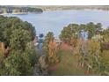 Scenic aerial view of lakefront property with lush trees and private docks at 5500 Mccoy Nw Rd, Acworth, GA 30101