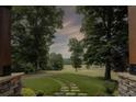 Scenic backyard view from the porch, showcasing the expansive lawn and mature trees at 416 Spring Place Ne Rd, White, GA 30184