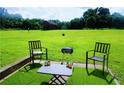 Backyard patio with chairs, a grill, and a table overlooking a expansive green space with a picnic shelter at 7104 Georges Way, Morrow, GA 30260