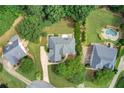 Aerial view of a home, showcasing the large yard, mature trees, and a private swimming pool at 3030 Larkspur Ct, Cumming, GA 30041
