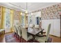 Elegant dining room featuring floral wallpaper, hardwood floors, wainscoting, and a stylish chandelier at 1363 Sylvan Ne Cir, Brookhaven, GA 30319